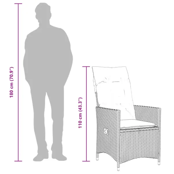 11-osaline aiamööbli komplekt reguleeritavate seljatugedega, hall polürotang, klaasplaadiga laud 240 x 90 cm, tumehallid padjad – 10