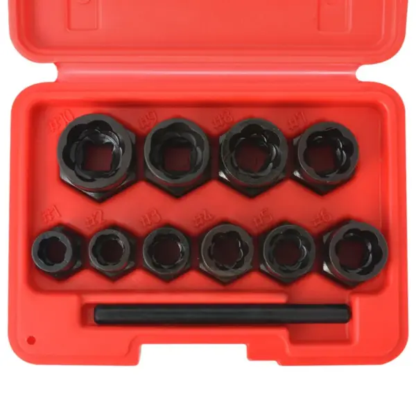 11-osaline kahjustatud poltide väljakeeramiskomplekt, terasest padrunid 9–19 mm, kohvriga – 3