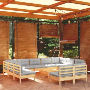 12-osaline männipuidust aiamööbli komplekt hallide patjadega