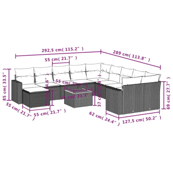 12-osaline modulaarne aiamööbli komplekt patjadega, must polürotang, akaatsiapuidust lauaplaadiga – 3