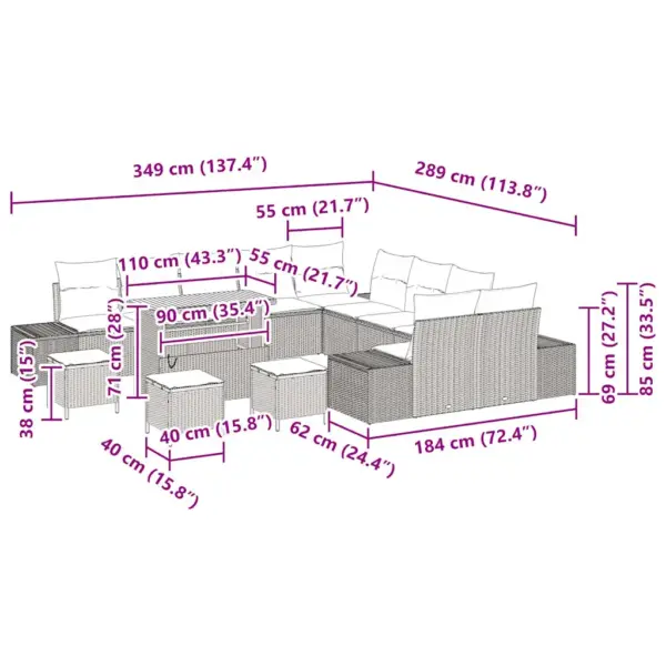 14-osaline modulaarne aiamööbli komplekt patjadega, hall polürotang, pulbervärvitud terasraam – 12