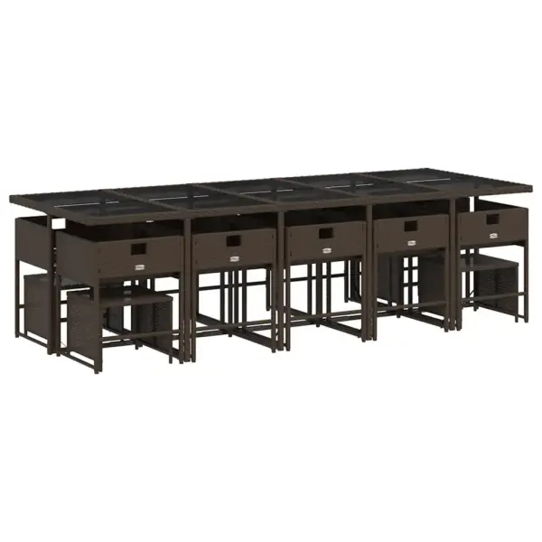 15-osaline pruunist polürotangist aiamööbli komplekt patjadega, klaasplaadiga laud 275 x 106 cm, 10 allaklapitava seljatoega tooli ja 4 tumbat – 3
