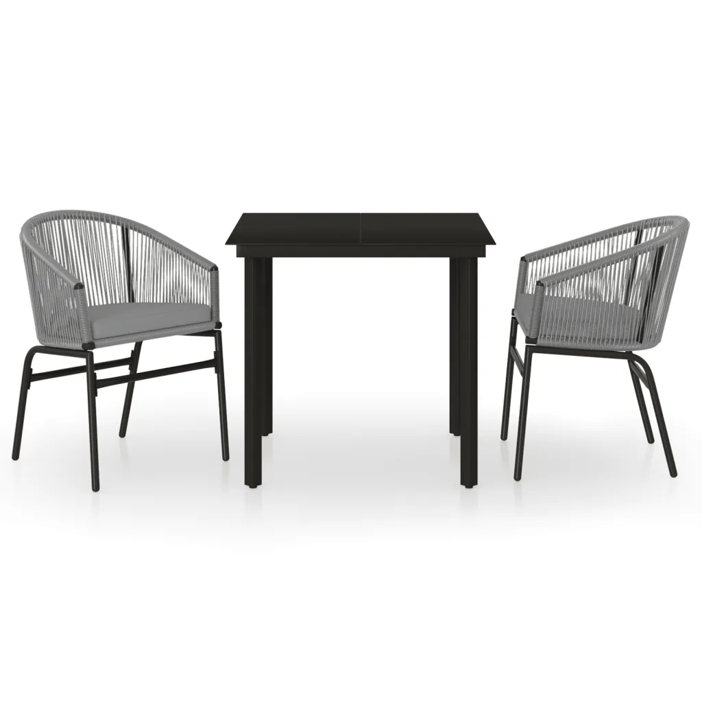 3-osaline aiamööbli komplekt klaasplaadiga lauaga, must laud 80 x 80 cm ja hallid PVC-rotangist toolid istmepatjadega