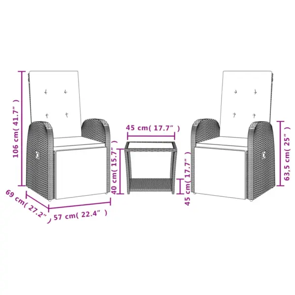 3-osaline aiamööbli komplekt reguleeritavate toolide ja patjadega, hall polürotang, laud 45 x 45 x 40 cm – 4