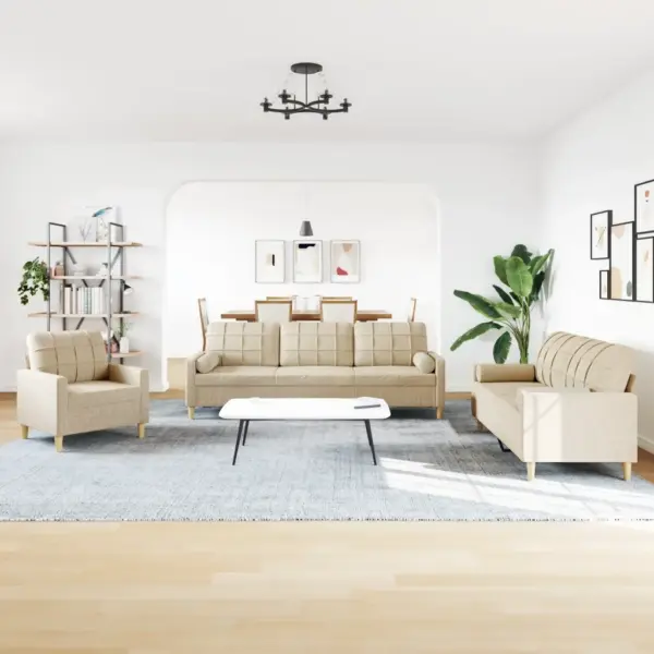 3-osaline diivanikomplekt patjadega, kreemjasvalge polüesterkangas, metallraamiga – 3