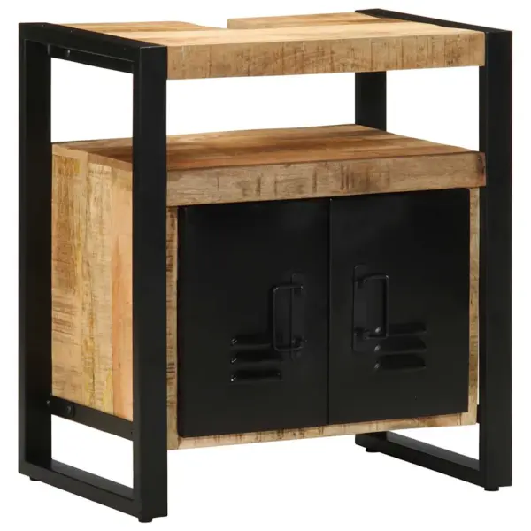 3-osaline vannitoamööbli komplekt sahtlite ja riiulitega, mangopuit ja must metallraam, pruun/must – 5