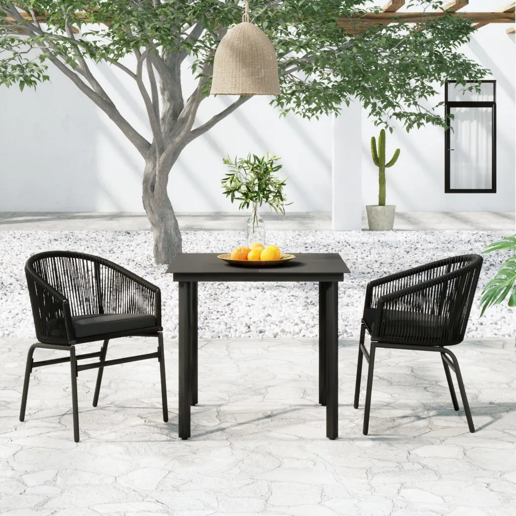 3-osaline aiamööbli komplekt, must, PVC-rotang toolid ja klaasplaadiga laud 80 x 80 cm