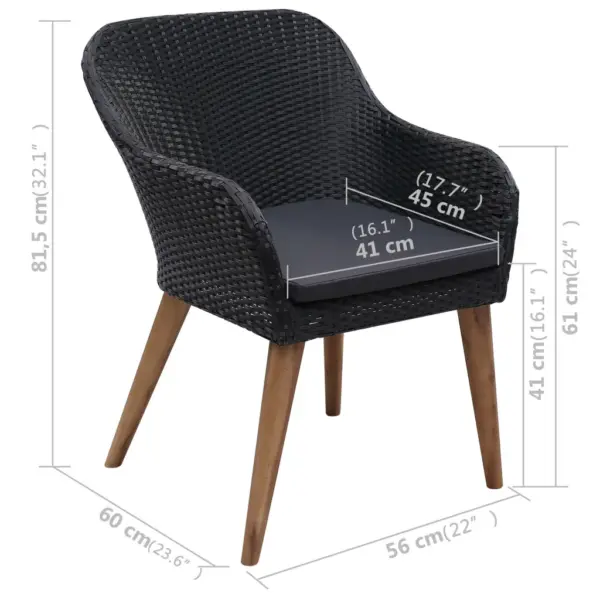 3-osaline aiamööbli söögikomplekt, must, akaatsiapuidust laud 88 x 88 cm ja PE-rotangist toolid patjadega – 12