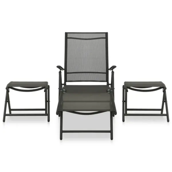 3-osaline kokkupandav päevitustooli ja jalapinkide komplekt, must alumiinium ja tekstileen – 2