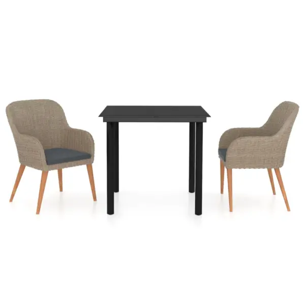 3-osaline aiamööbli komplekt 2 tooli ja lauaga, pruun/must, polürotang ja akaatsiapuit, laud 80 x 80 cm, tumehallide istmepatjadega – 2