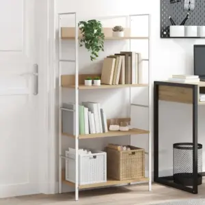 4-korruseline raamaturiiul, tamm-valge, tehispuit ja teras, 60 x 27,6 x 124,5 cm