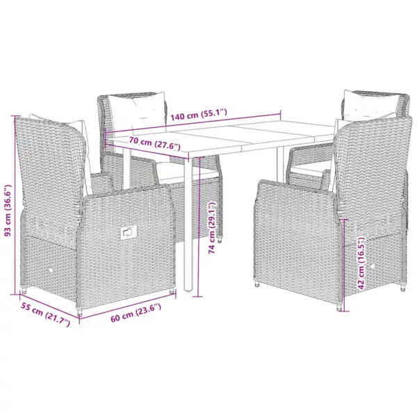 5-osaline aiamööbli komplekt reguleeritavate toolidega, beež polürotang, must klaasplaadiga laud 140 x 70 cm – 8