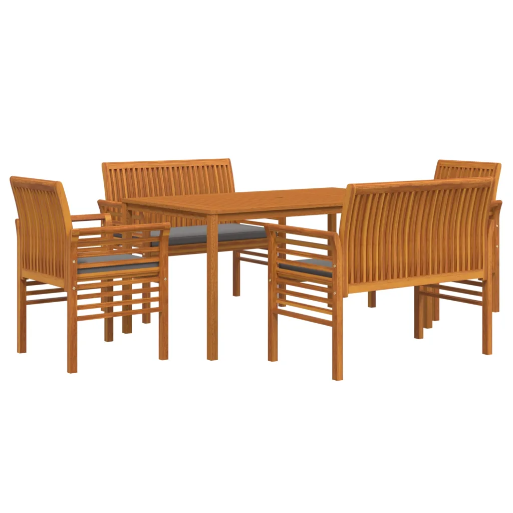 5-osaline akaatsiapuidust aiamööbli komplekt tumehallide patjadega, laud 150 x 90 cm