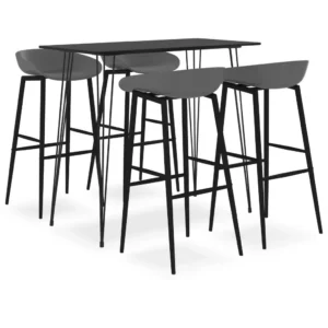 5-osaline baarimööblikomplekt madala seljatoega pukidega, must baarilaud ja hallid toolid, MDF ja metall