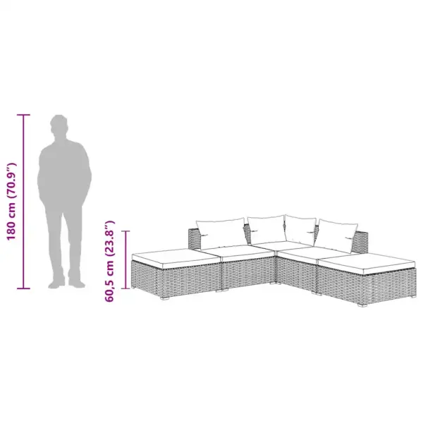 Aiamööbli komplekt 5-osaline mooduldiivan jalatugedega, pruun polürotang, kaneelipunased padjad – 10