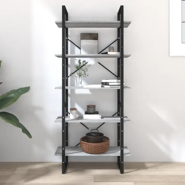 5 riiuliga raamaturiiulite komplekt, hall Sonoma tamm, tehispuit ja metall, kõrge riiul 80 x 30 x 175 cm – 3