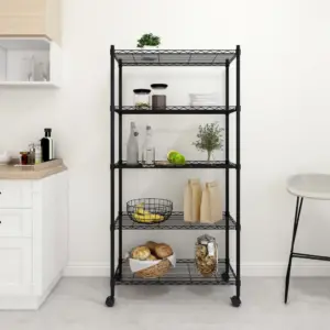 5-tasandiline traadist hoiuriiul ratastega, must, 75 x 35 x 155 cm, kandevõime 250 kg