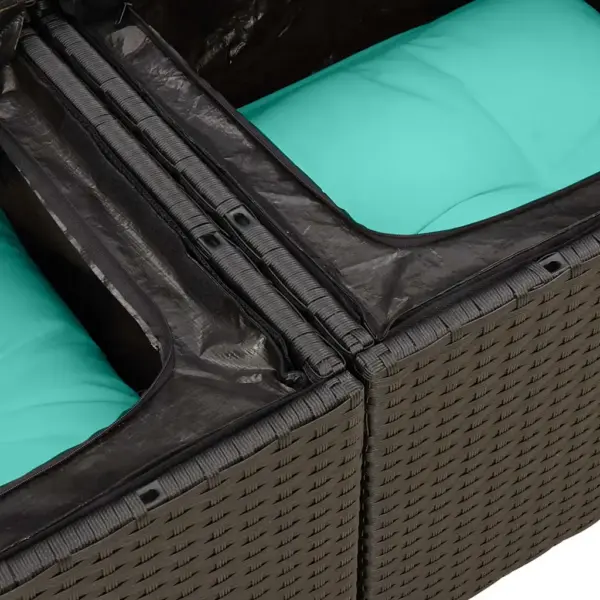 6-osaline polürotangist aiadiivani komplekt panipaigaga, patjadega, must raam, sinised padjad – 12