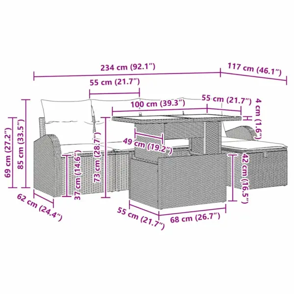 6-osaline aiamööbli komplekt patjadega, pruun polürotang, modulaarne, reguleeritava kõrgusega lauaga, 5 istekohta, 234 x 177 x 85 cm – 12