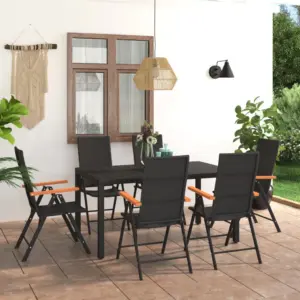7-osaline aiamööbli komplekt reguleeritavate toolidega, must ja pruun, WPC lauaplaat, laud 150 x 90 x 74 cm