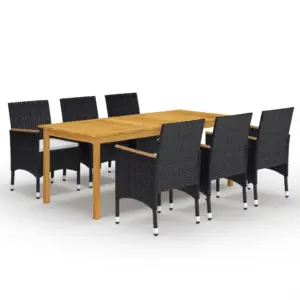 7-osaline aiamööbli komplekt, must polürotang ja akaatsiapuit, laud 200 x 90 cm