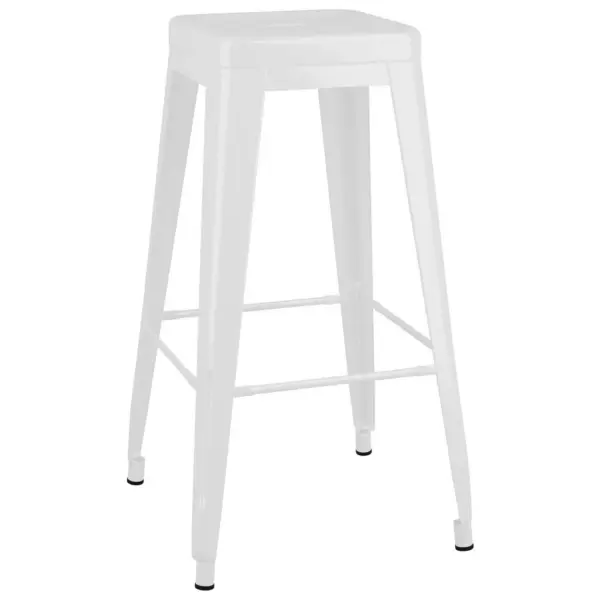 7-osaline baarimööbli komplekt, must baarilaud ja valged virnastatavad baaripukid, MDF ja metall – 7