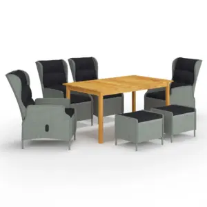 7-osaline aiamööbli komplekt recliner-toolidega, helehall polürotang, akaatsiapuidust laud 150 x 90 cm