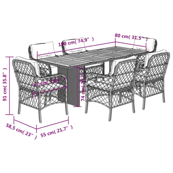 7-osaline aiamööbli komplekt patjadega, must polürotang, akaatsiapuidust lauaplaadiga laud 190 x 80 cm – 7