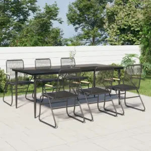 7-osaline aiamööbli komplekt, must, PVC-rotang ja tiigipuu, laud 200 x 100 cm