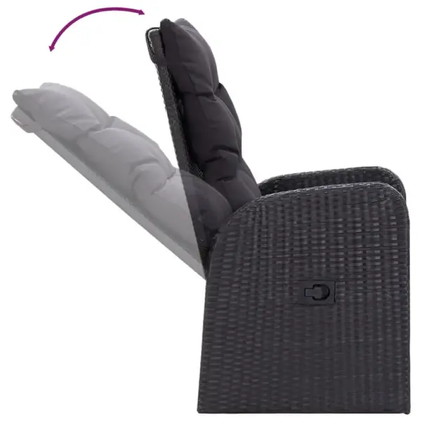 Aiamööbli komplekt 7-osaline, reguleeritavate toolidega, must PE-rotang, klaasplaadiga laud 140 x 70 cm, patjadega – 10