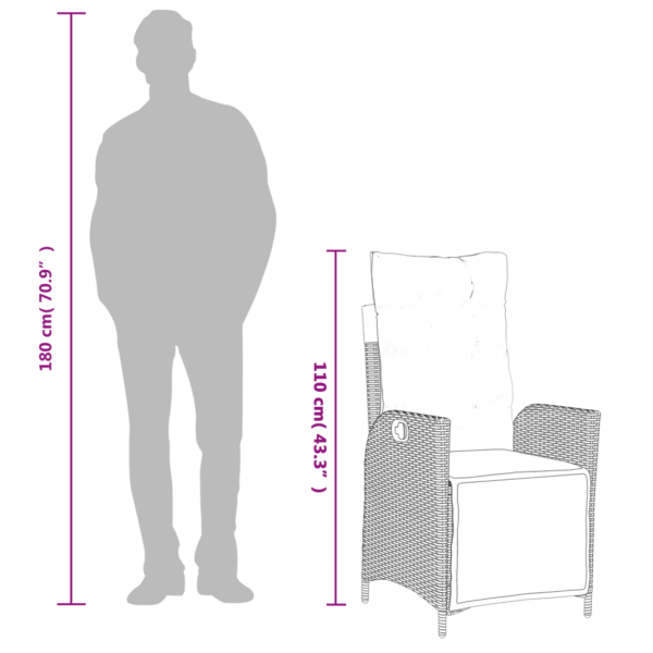 7-osaline aiasöögikomplekt lamamistoolifunktsiooniga, must polürotang, akaatsiapuidust lauaplaadiga, patjadega, laud 190 x 90 cm – 10