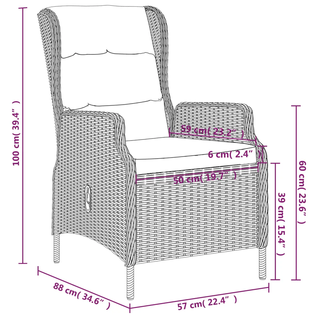 7-osaline aiamööbli komplekt reguleeritavate toolidega, pruun PE-rotang, must klaaslaud, laud 200 x 100 cm