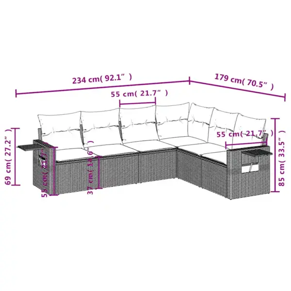 7-osaline aiamööbli komplekt patjadega, pruun polürotang, klaasplaadiga laud ja külglauaga nurgadiivan, UV-kindel – 9