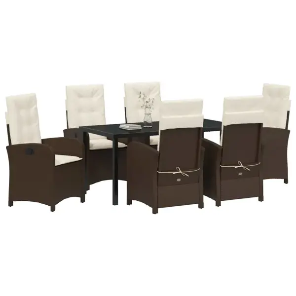 7-osaline pruunist polürotangist aiamööbli komplekt patjadega, klaasplaadiga laud 160 x 80 cm, 6 reguleeritava seljatoega tooli – 3