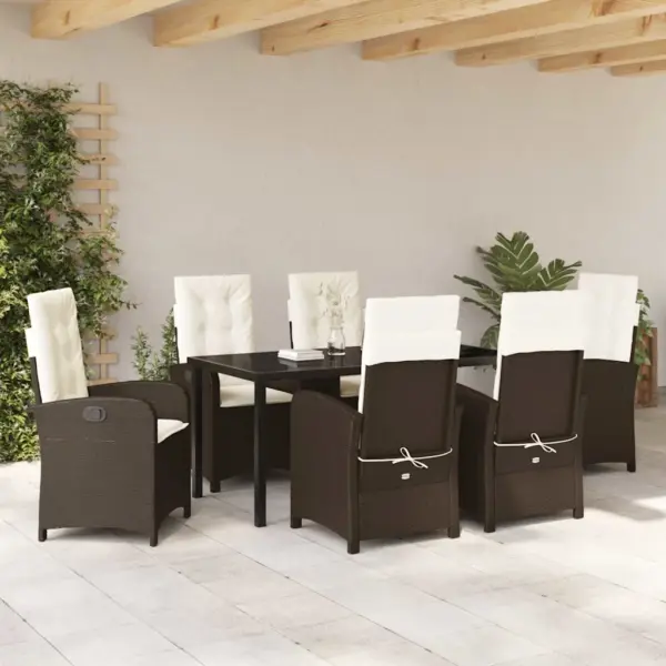7-osaline pruunist polürotangist aiamööbli komplekt patjadega, klaasplaadiga laud 160 x 80 cm, 6 reguleeritava seljatoega tooli – 4