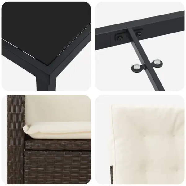 7-osaline pruunist polürotangist aiamööbli komplekt patjadega, klaasplaadiga laud 160 x 80 cm, 6 reguleeritava seljatoega tooli – 8