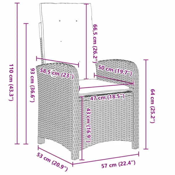 7-osaline pruunist polürotangist aiamööbli komplekt patjadega, klaasplaadiga laud 160 x 80 cm, 6 reguleeritava seljatoega tooli – 9