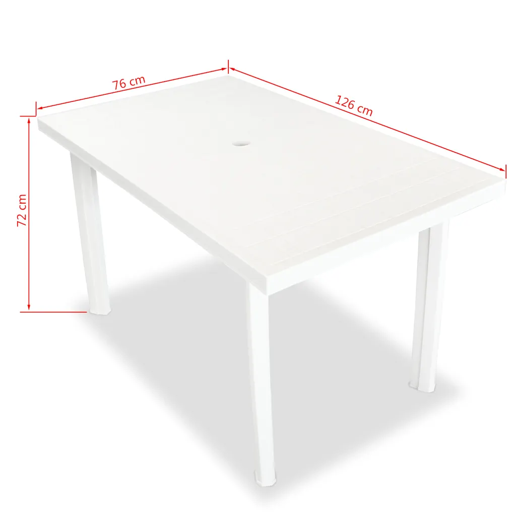 7-osaline ilmastikukindel aiamööbli komplekt, valge plast, laud 126 x 76 cm ja 6 kokkupandavat reguleeritavat tooli