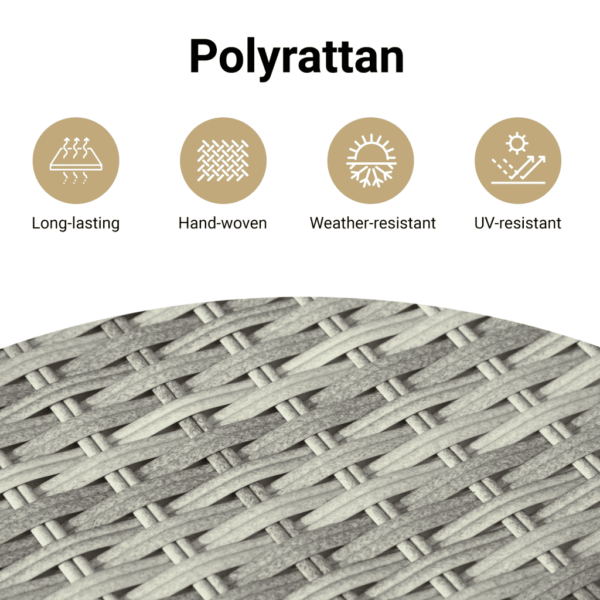 8-osaline modulaarne aiadiivani komplekt patjadega, helehall polürotang, tumehallid katted, karastatud klaasplaadiga laud – 5