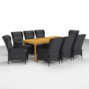 9-osaline aiamööbli komplekt recliner-toolidega, akaatsiapuidust laud 200 x 90 cm, tumehall PE-rotang
