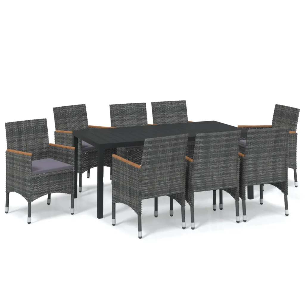 9-osaline aiamööbli komplekt patjadega, hall polürotang, must WPC laud 185 x 90 cm, akaatsiapuidust käetugedega