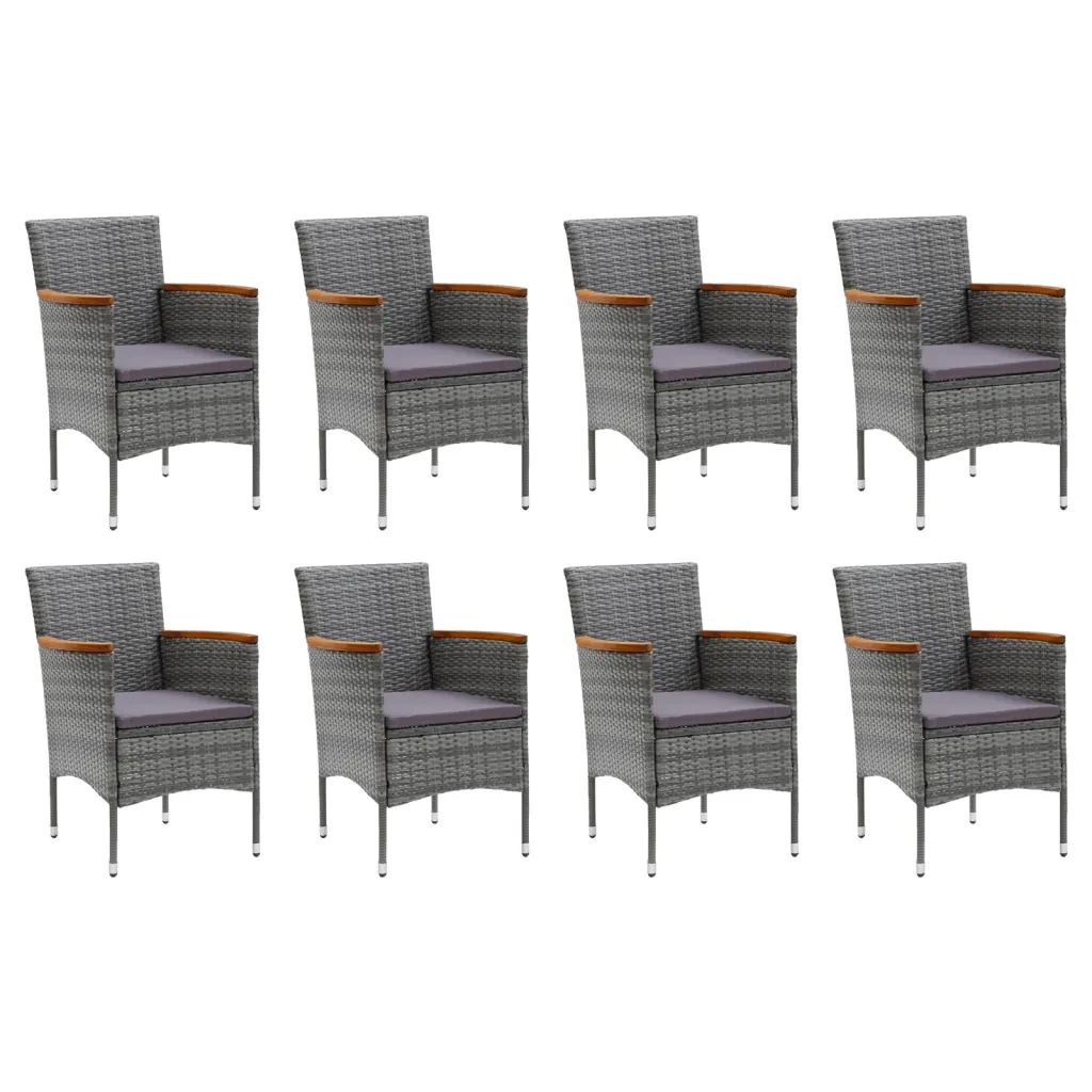 9-osaline aiamööbli komplekt patjadega, hall polürotang, must WPC laud 185 x 90 cm, akaatsiapuidust käetugedega