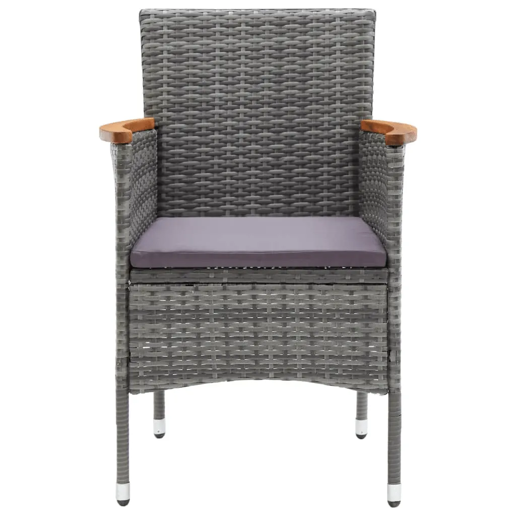 9-osaline aiamööbli komplekt patjadega, hall polürotang, must WPC laud 185 x 90 cm, akaatsiapuidust käetugedega