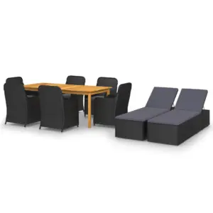 9-osaline aiamööbli söögikomplekt lamamistoolidega, must polürotang, akaatsiapuidust laud 200 x 90 cm