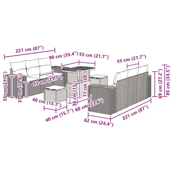 9-osaline modulaarne aiamööbli diivanikomplekt patjadega, must polürotang, reguleeritava kõrgusega laud, 6 istekohta – 12