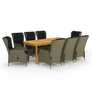 9-osaline aiamööbli komplekt akaatsiapuidust lauaga, pruun PE-rotang, reguleeritavate toolidega