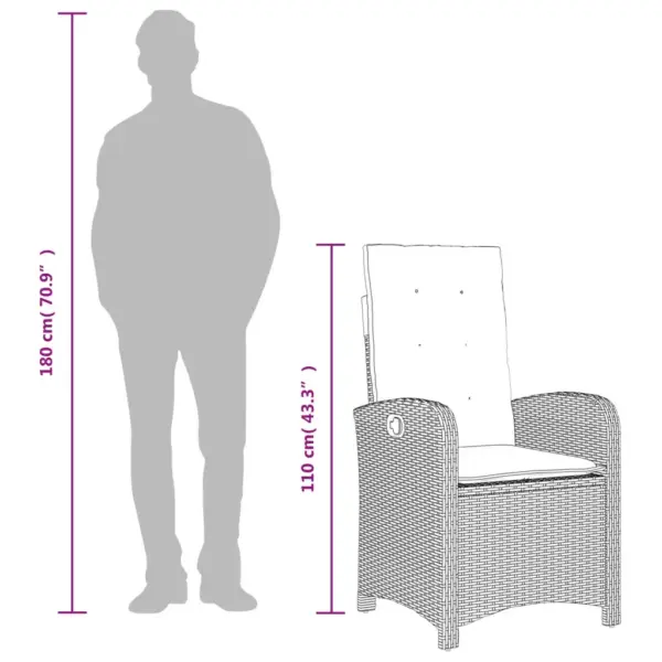 9-osaline aiamööbli komplekt reguleeritavate toolidega, pruun polürotang, must klaasplaadiga laud 200 x 100 cm, patjadega – 10