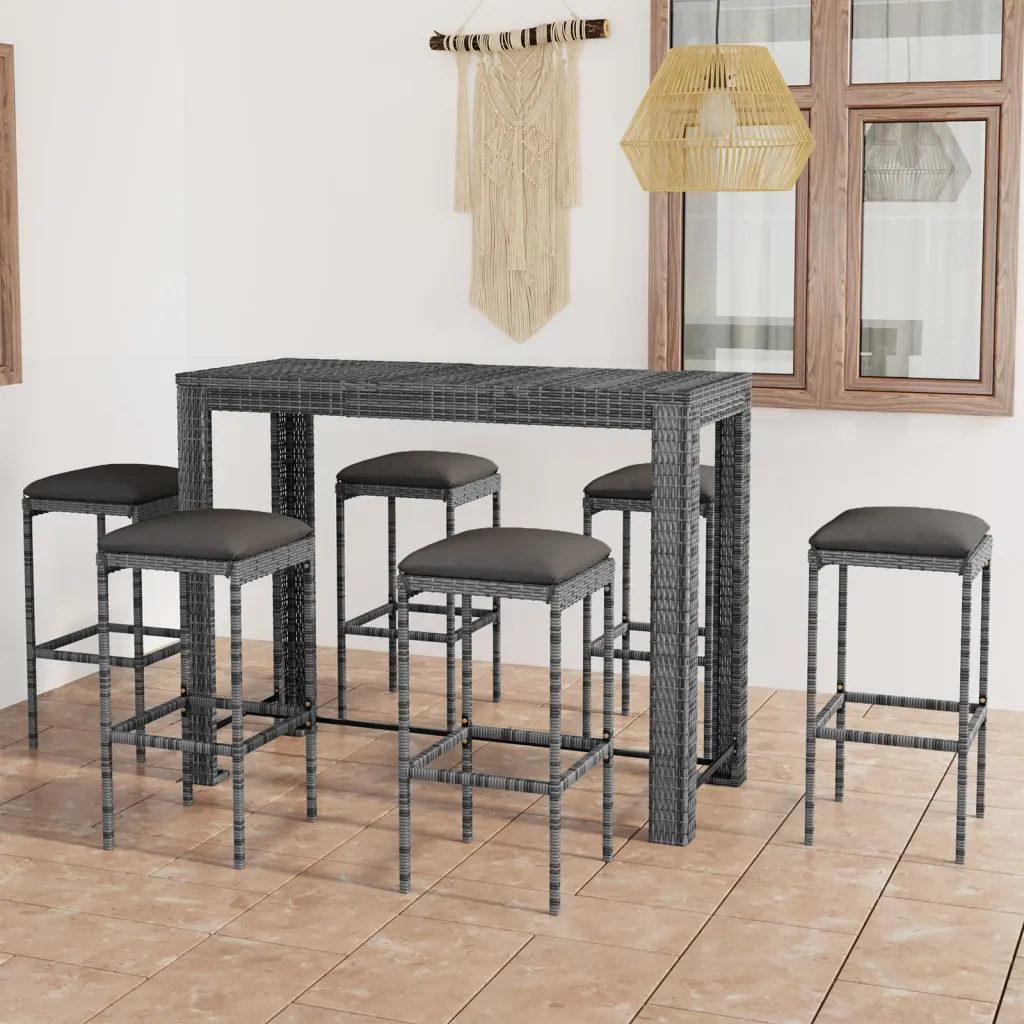 7-osaline aia baarikomplekt patjadega, hall polürotang, baarilaud 140,5 cm
