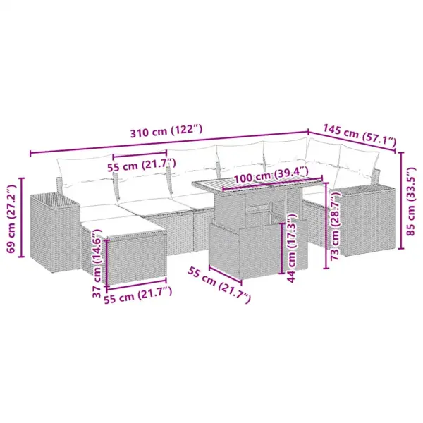 8-osaline polürotangist aiadiivani komplekt patjadega, reguleeritava kõrgusega akaatsiapuidust lauaga, panipaigaga tumbaga, beež – 4