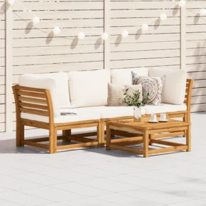 3-osaline modulaarne aiamööbli komplekt patjadega, akaatsiapuit, kreemjasvalged polüesterpadjad